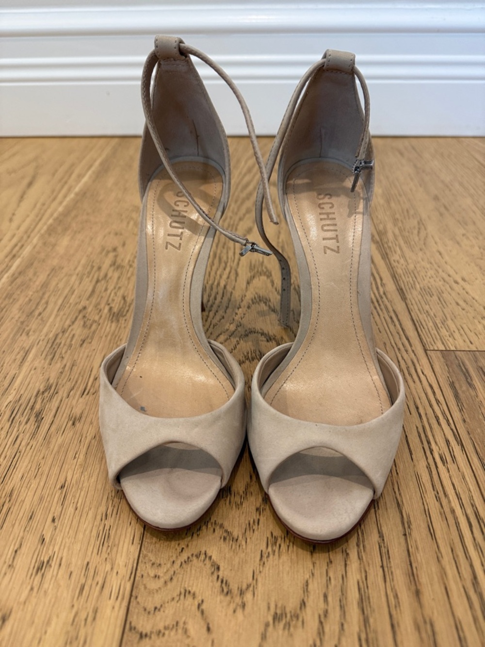 SCHUTZ Taupe Suede Open-Toe Ankle-Strap Heels